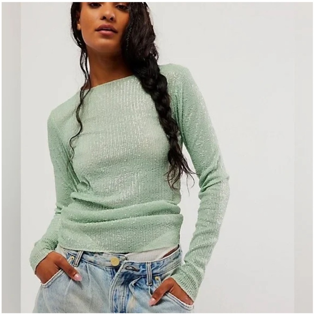 Free People Mint Green Long Sleeve Ribbed Top